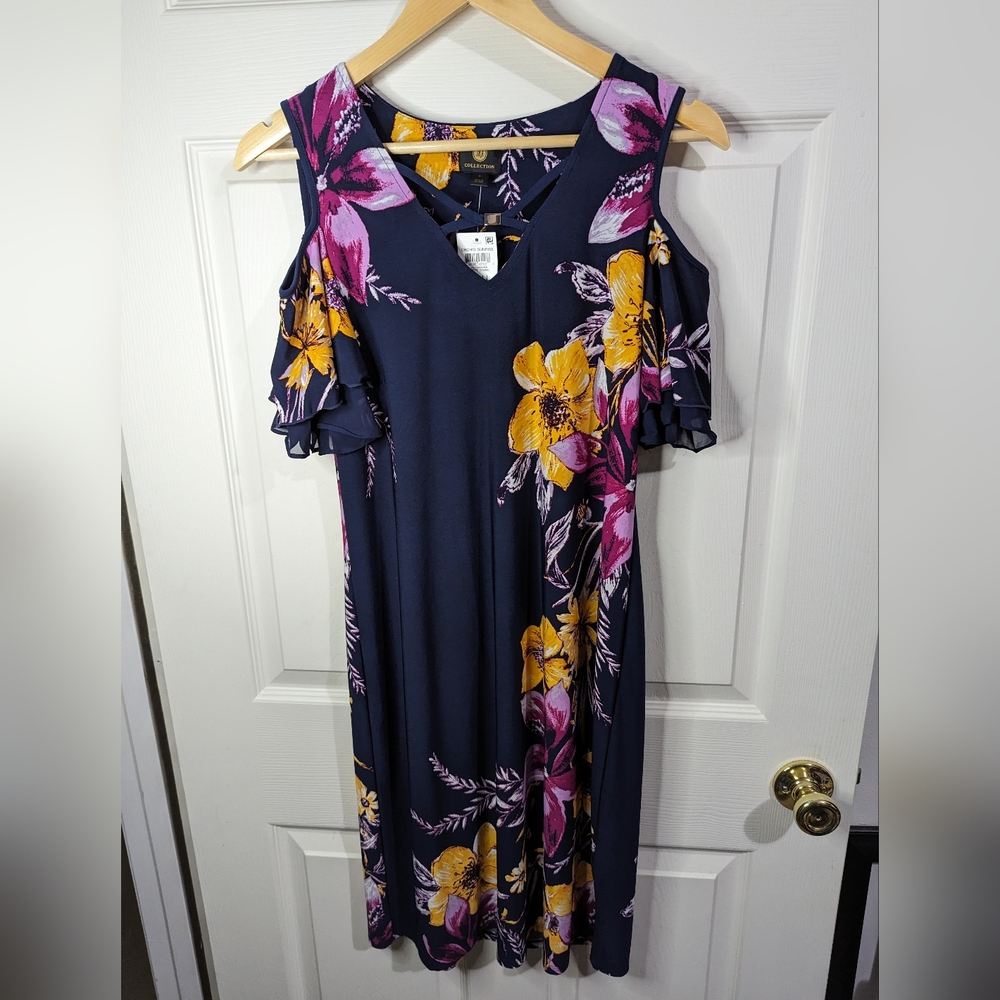 JM Collection orchid sunrise print navy dress cut out shoulders size small